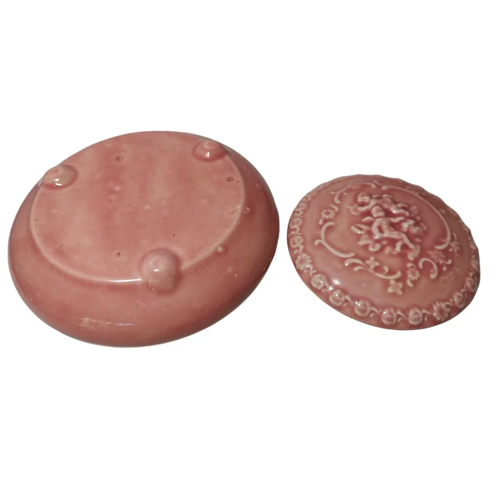 Vintage‎ Handmade Ceramic Powder Trinket Box Pink Angels Round 6.5 Inches SEE